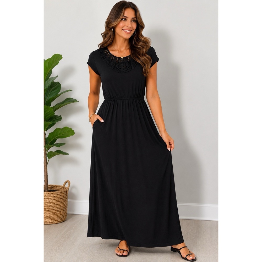 Lands' End Black Maxi Dress Women's Medium Crochet Neck Short Sleeve Stretch